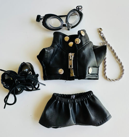 Biker Leather Outfit for Labubu – Black Jacket, Shorts, Goggles, Chain & Shoes