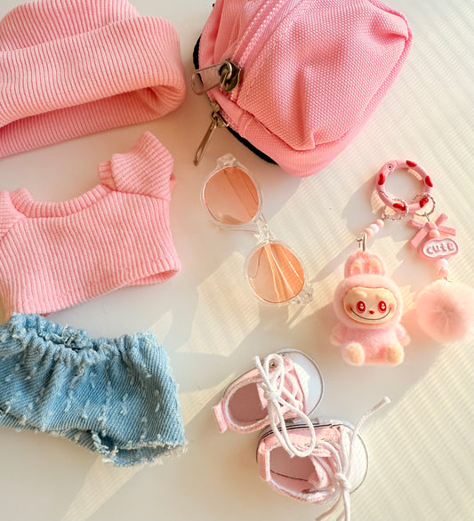 Mini Labubu Charm Backpack Set – Sunny Pink - Outfit for Labubu - Labubu Clothes