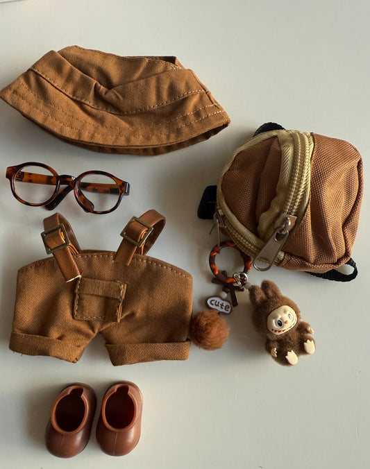 Brown Explorer Doll Outfit Set with Mini Labubu Keychain