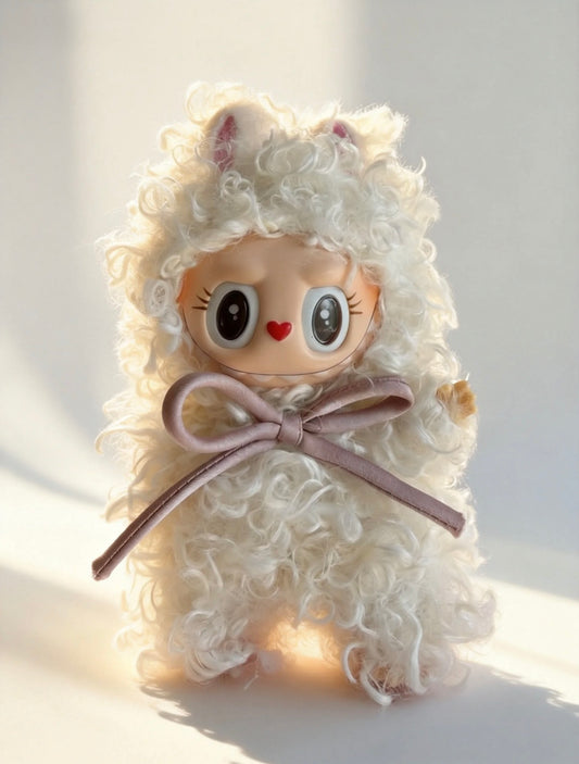Fluffy White Teddy Bear Custom Labubu (17cm) | Cute Handmade Art Toy
