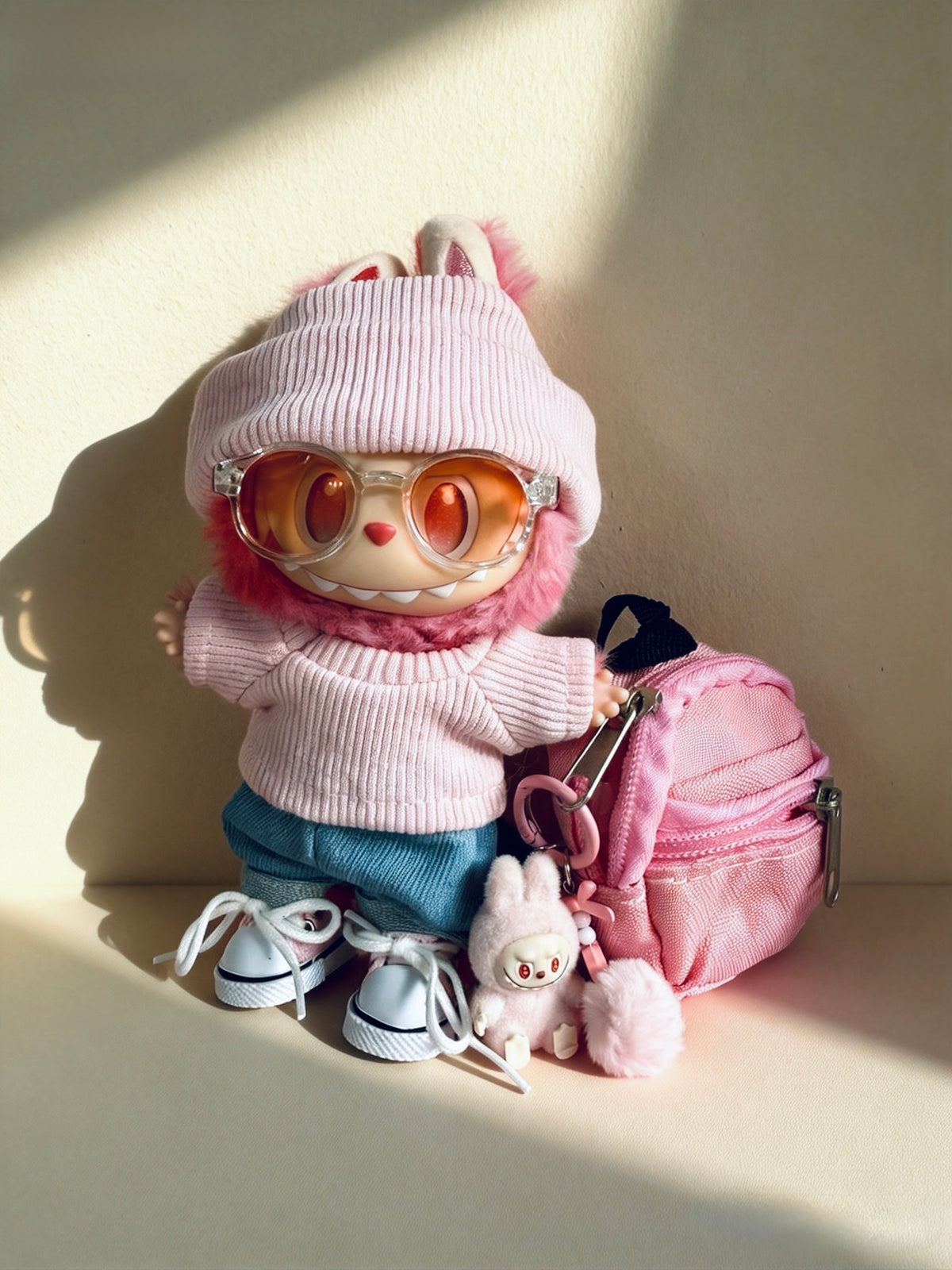 Mini Labubu Charm Backpack Set – Sunny Pink - Outfit for Labubu - Labubu Clothes