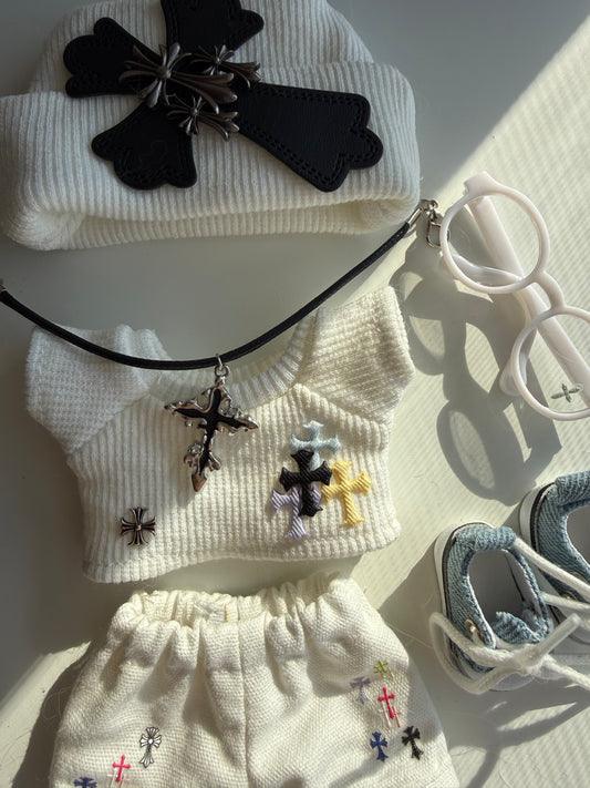 Cross Knit Set - White Soft Gothic Outfit with Beanie & Necklace - - Outfit for Labubu - Labubu Clothes