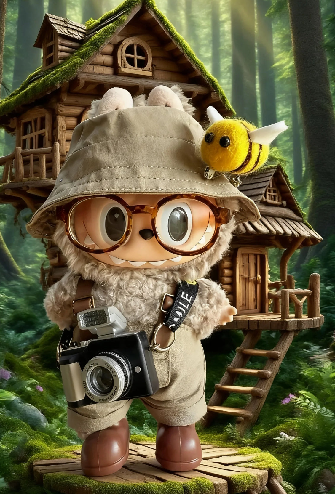 Forest Explorer Outfit for Labubu – Hat, Glasses, Backpack, Camera & Shoes