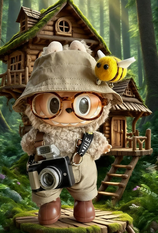 Forest Explorer Outfit for Labubu – Hat, Glasses, Backpack, Camera & Shoes