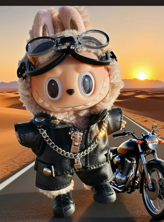 Biker Leather Outfit for Labubu – Black Jacket, Shorts, Goggles, Chain & Shoes
