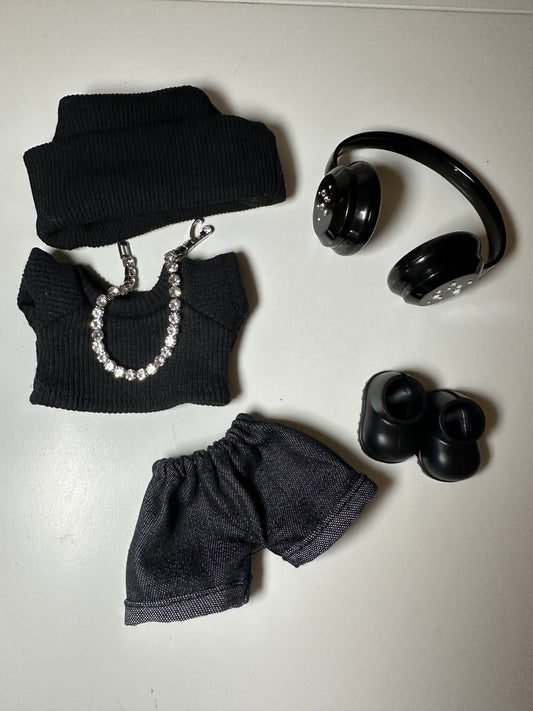 Mini Ye Vibes Handcrafted Outfit Set for Designer Dolls – Black Knit Beanie, Diamond Chain Top, Shimmer Shorts, Headphones & Shoes