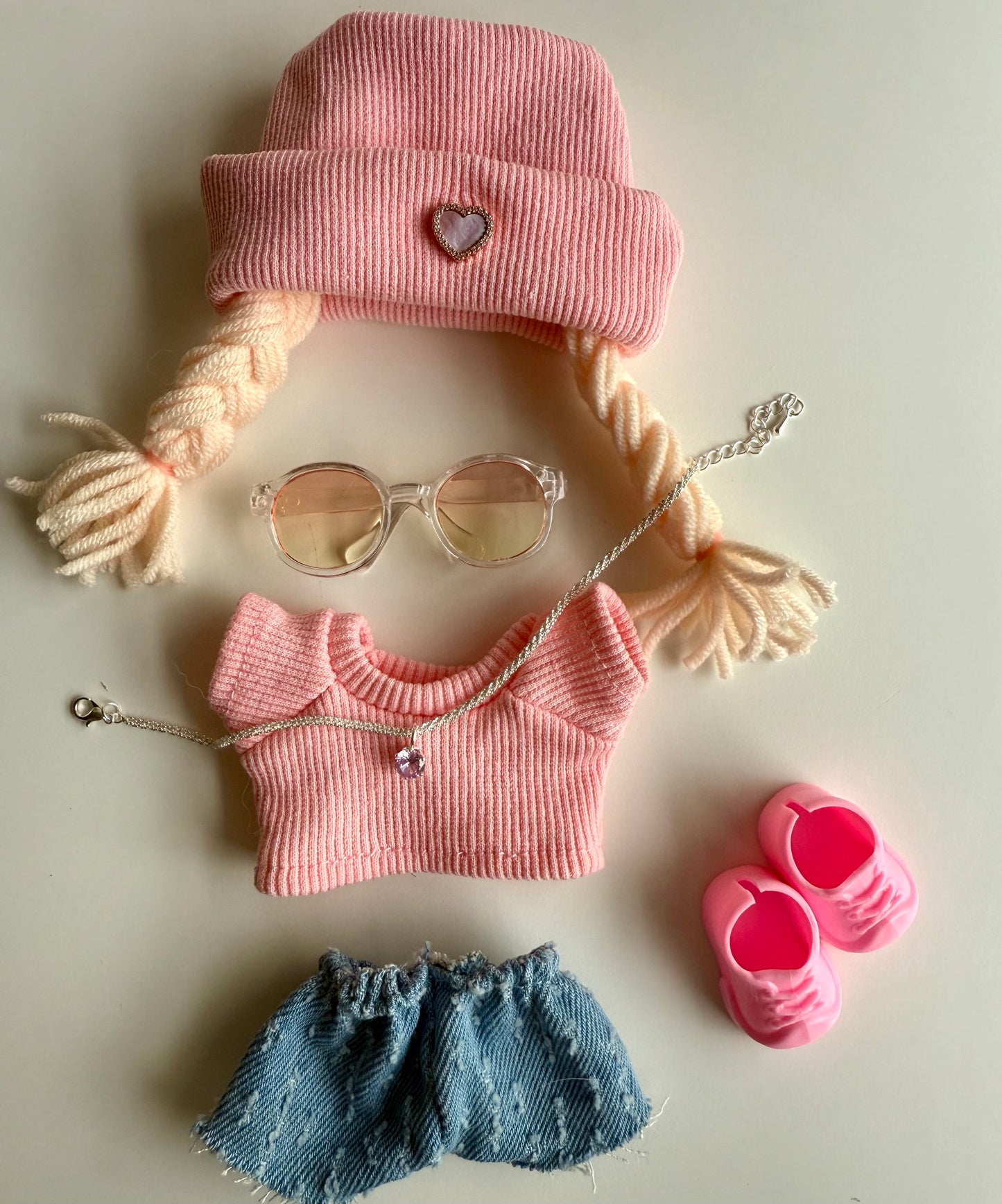Pink Street Style Doll Outfit – Beanie Hat, Sweater, Jeans, Glasses, Necklace & Shoes