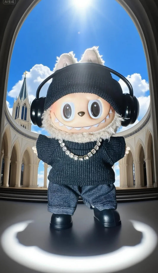 Mini Ye Vibes Handcrafted Outfit Set for Designer Dolls – Black Knit Beanie, Diamond Chain Top, Shimmer Shorts, Headphones & Shoes