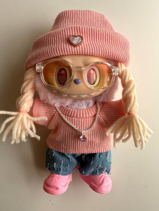 Pink Street Style Doll Outfit – Beanie Hat, Sweater, Jeans, Glasses, Necklace & Shoes