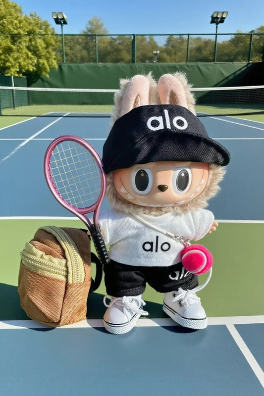 Tennis Pro Outfit for Labubu – White Top, Black Shorts, Visor Cap, Backpack, Mini Tennis Racket & Shoes