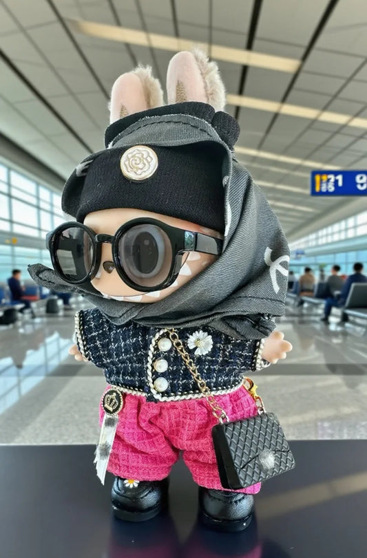 Luxury Tweed Outfit for Labubu – Black & Pink Jacket Set with Pearl Buttons, Scarf, Sunglasses & Shoes