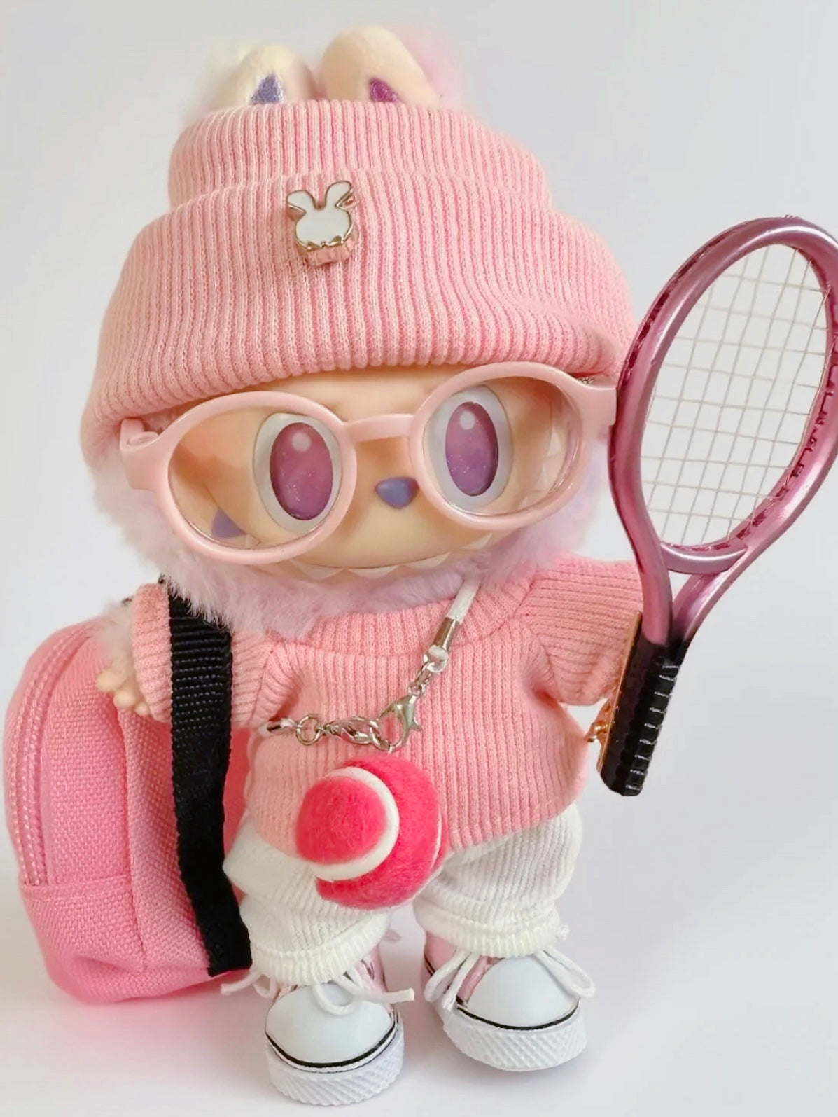 Pink Tennis Star Outfit Set for Labubu — Cute Sporty Style with Bag, Racket & Glasses