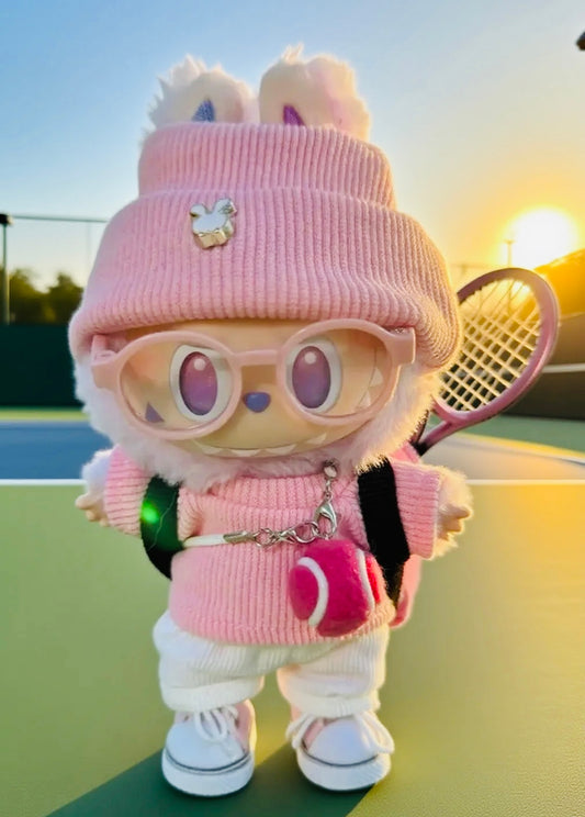 Pink Tennis Star Outfit Set for Labubu — Cute Sporty Style with Bag, Racket & Glasses