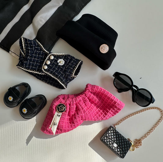 Luxury Tweed Outfit for Labubu – Black & Pink Jacket Set with Pearl Buttons, Scarf, Sunglasses & Shoes