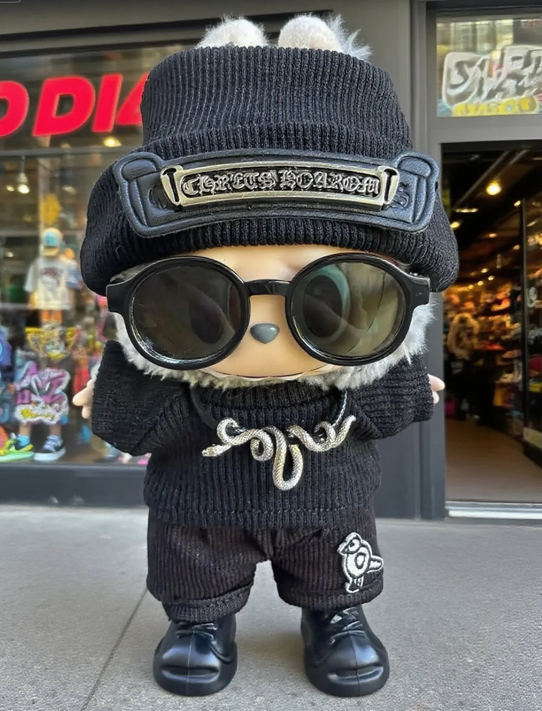 Black Streetwear Outfit Set for Labubu – Beanie, Shades, Knit Top, Shorts & Shoes | Dark Punk Style Doll Clothes Set