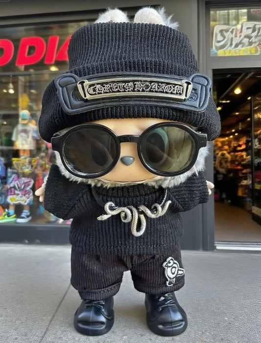 Black Streetwear Outfit Set for Labubu – Beanie, Shades, Knit Top, Shorts & Shoes | Dark Punk Style Doll Clothes Set