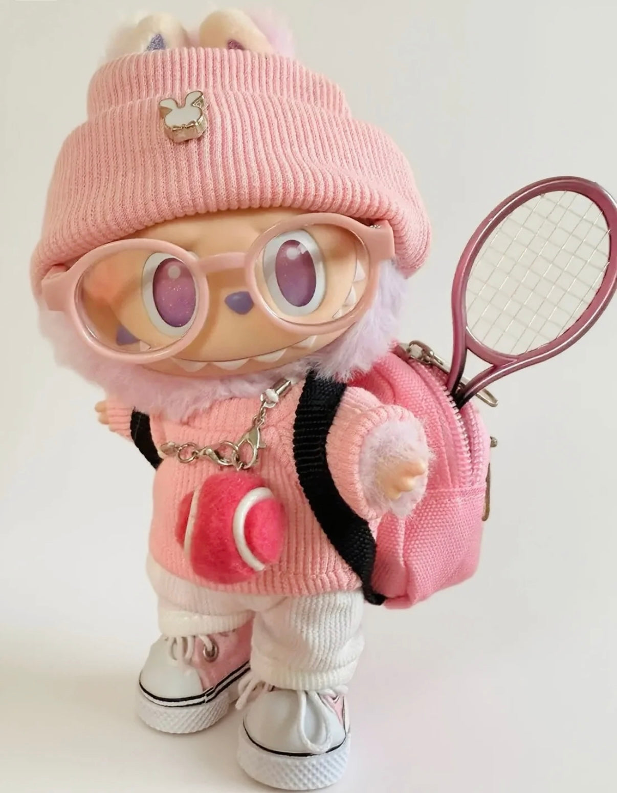 Pink Tennis Star Outfit Set for Labubu — Cute Sporty Style with Bag, Racket & Glasses