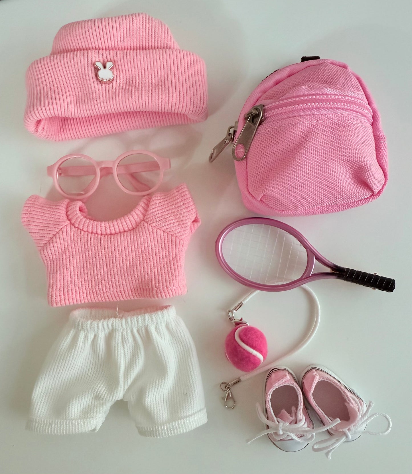 Pink Tennis Star Outfit Set for Labubu — Cute Sporty Style with Bag, Racket & Glasses
