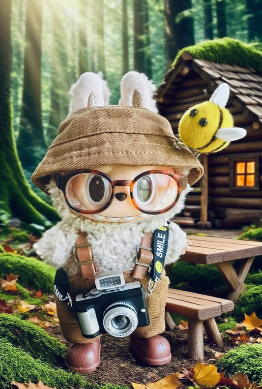 Forest Explorer Outfit for Labubu – Hat, Glasses, Backpack, Camera & Shoes
