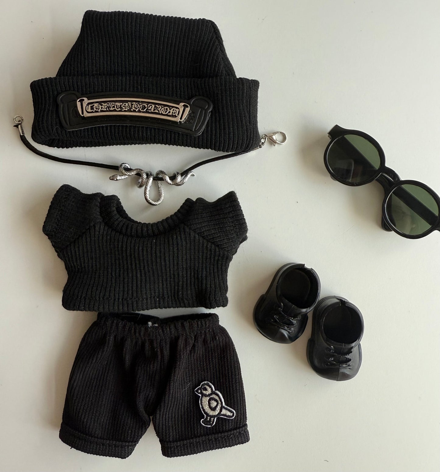 Black Streetwear Outfit Set for Labubu – Beanie, Shades, Knit Top, Shorts & Shoes | Dark Punk Style Doll Clothes Set