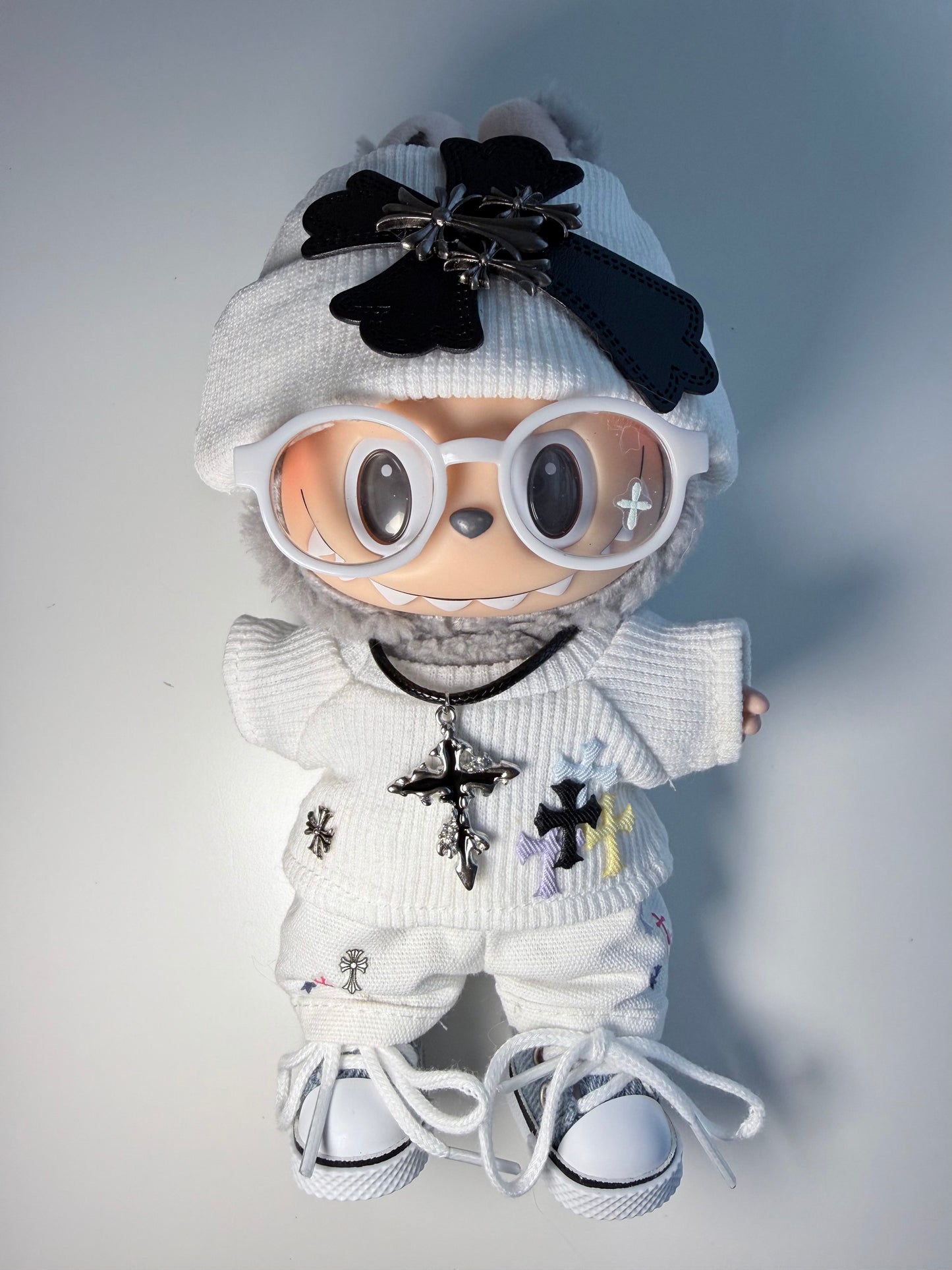 Cross Knit Set - White Soft Gothic Outfit with Beanie & Necklace - - Outfit for Labubu - Labubu Clothes