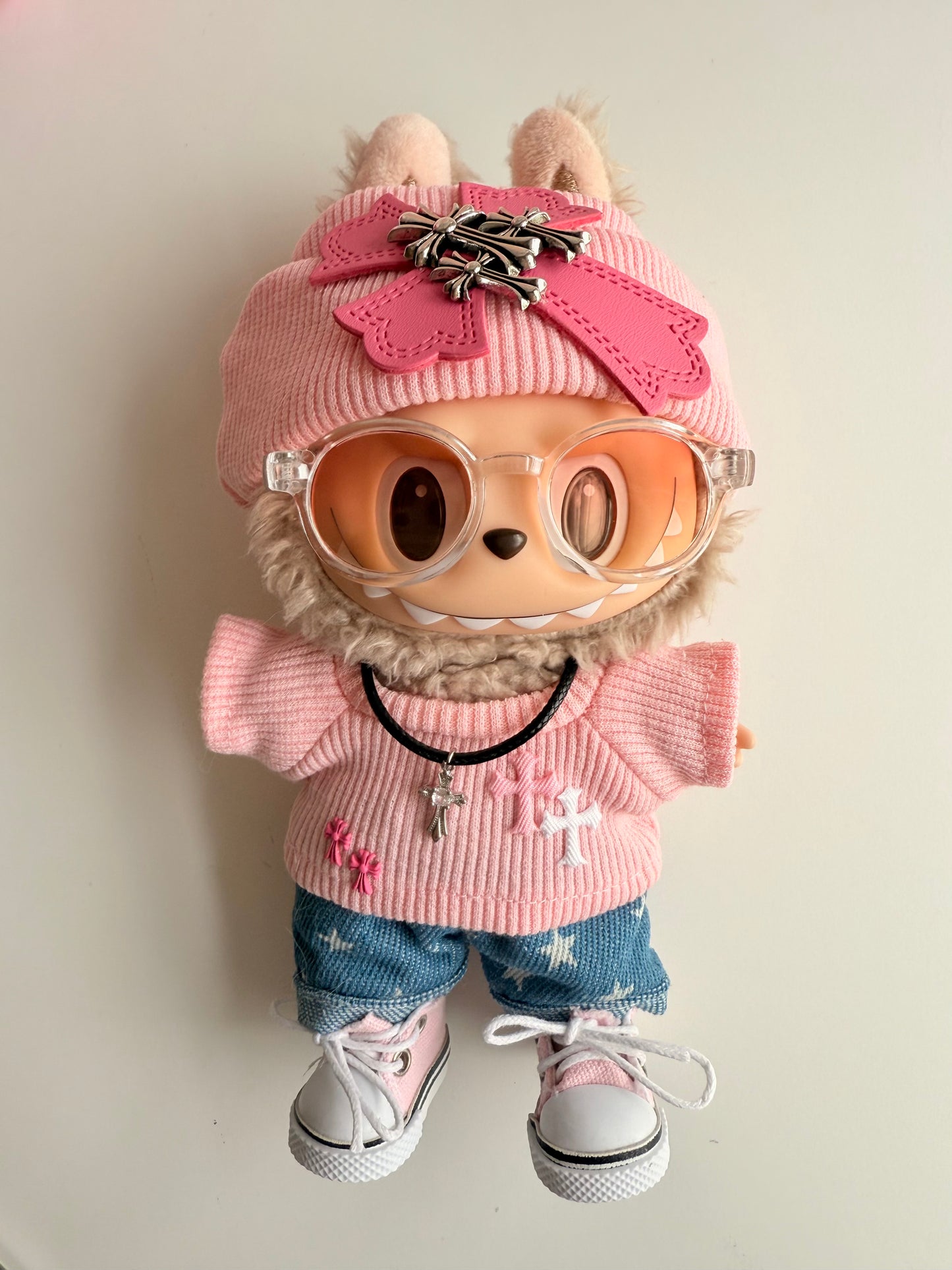 Trendy Pink Streetwear Outfit for Labubu Doll – Beanie with Patch, Sunglasses, Pink Top, Star Denim Shorts, Sneakers, Necklace
