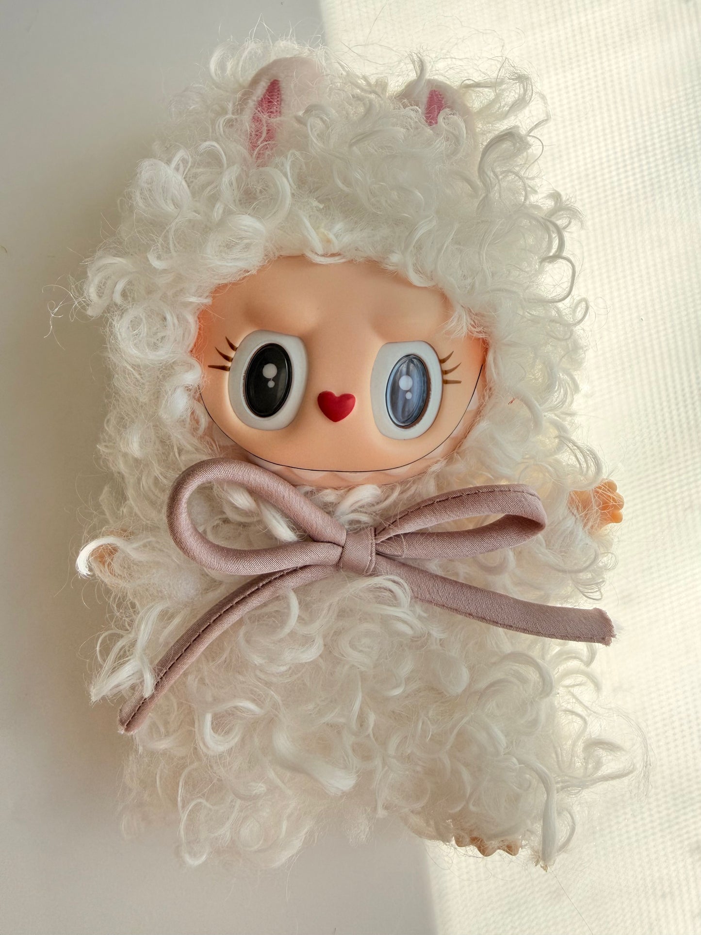 Fluffy White Teddy Bear Custom Labubu (17cm) | Cute Handmade Art Toy
