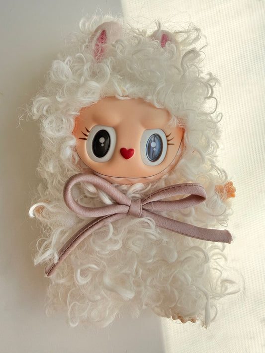 Fluffy White Teddy Bear Custom Labubu (17cm) | Cute Handmade Art Toy