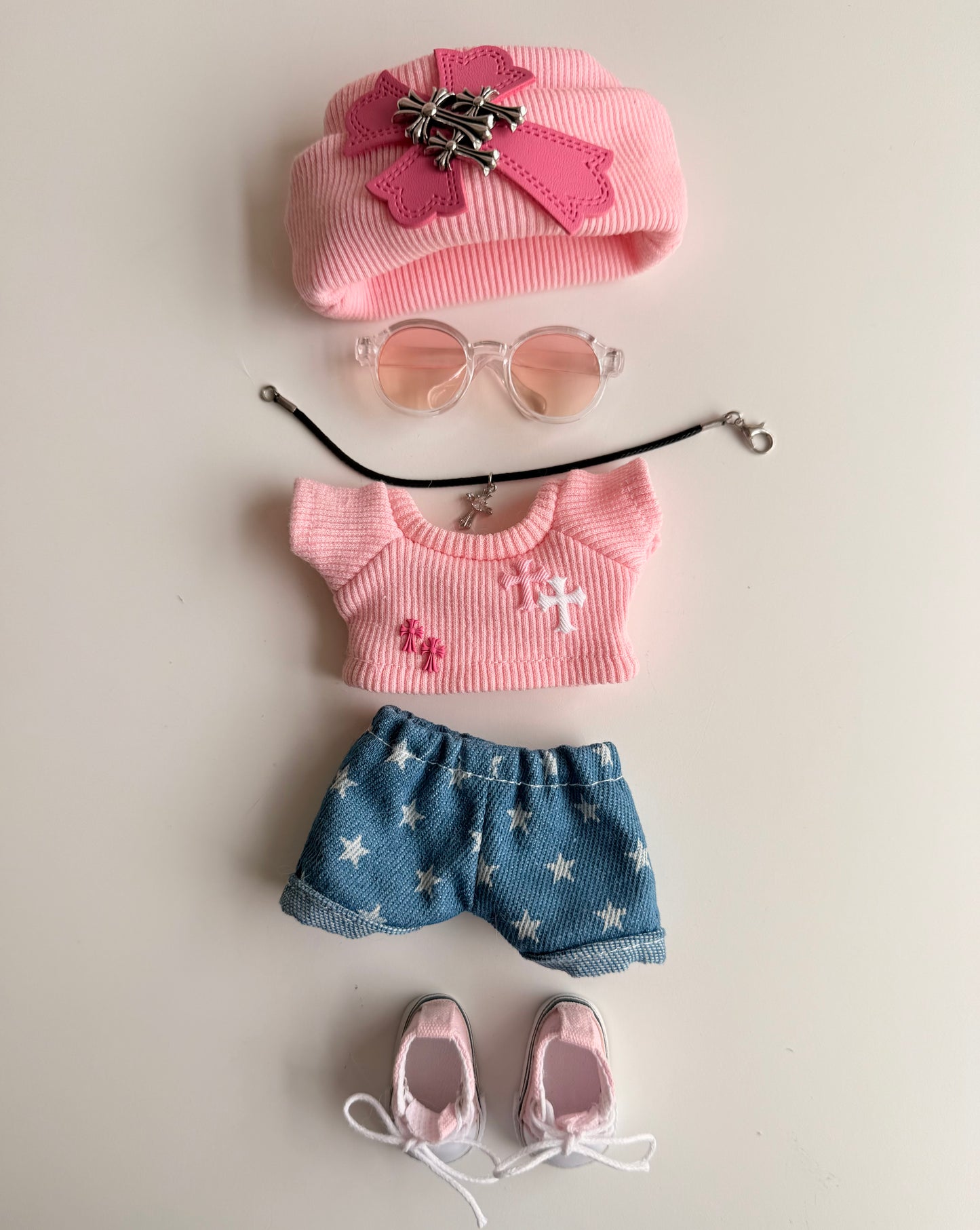 Trendy Pink Streetwear Outfit for Labubu Doll – Beanie with Patch, Sunglasses, Pink Top, Star Denim Shorts, Sneakers, Necklace
