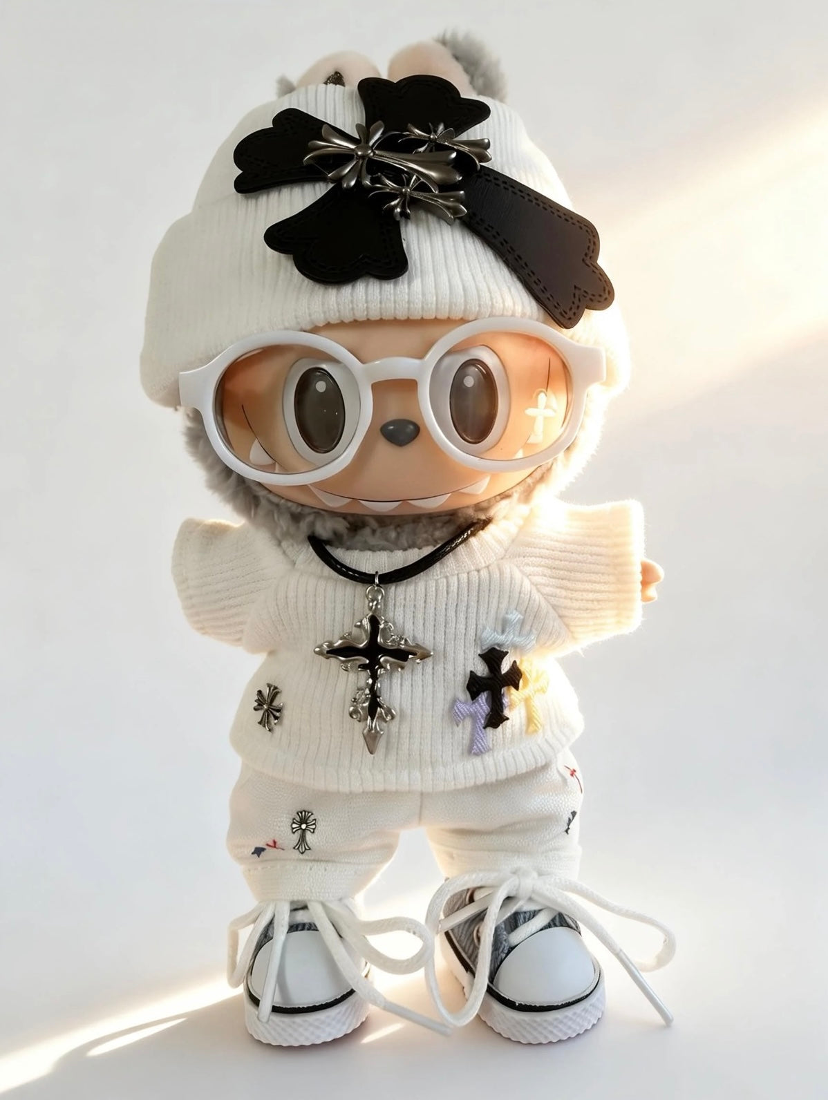 Cross Knit Set - White Soft Gothic Outfit with Beanie & Necklace - - Outfit for Labubu - Labubu Clothes