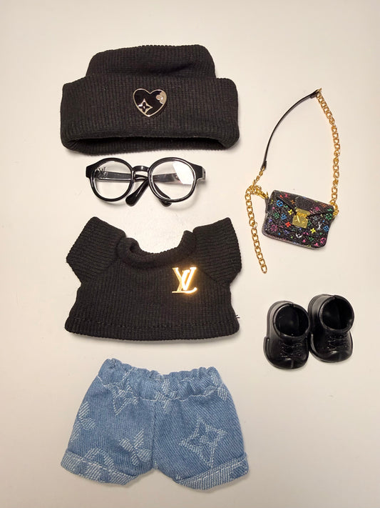 Black Street Knit Set for Labubu – Gold Accent Look