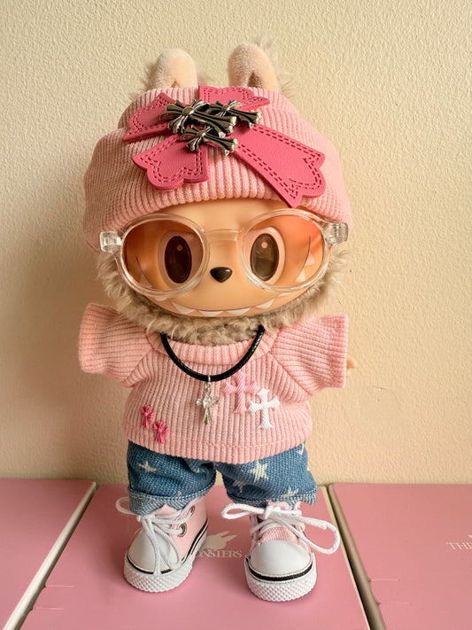 Trendy Pink Streetwear Outfit for Labubu Doll – Beanie with Patch, Sunglasses, Pink Top, Star Denim Shorts, Sneakers, Necklace