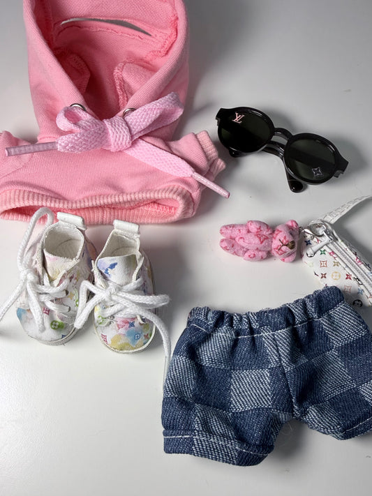 The Little Bear Edit – Pink Hoodie Outfit Set for Labubu Doll
