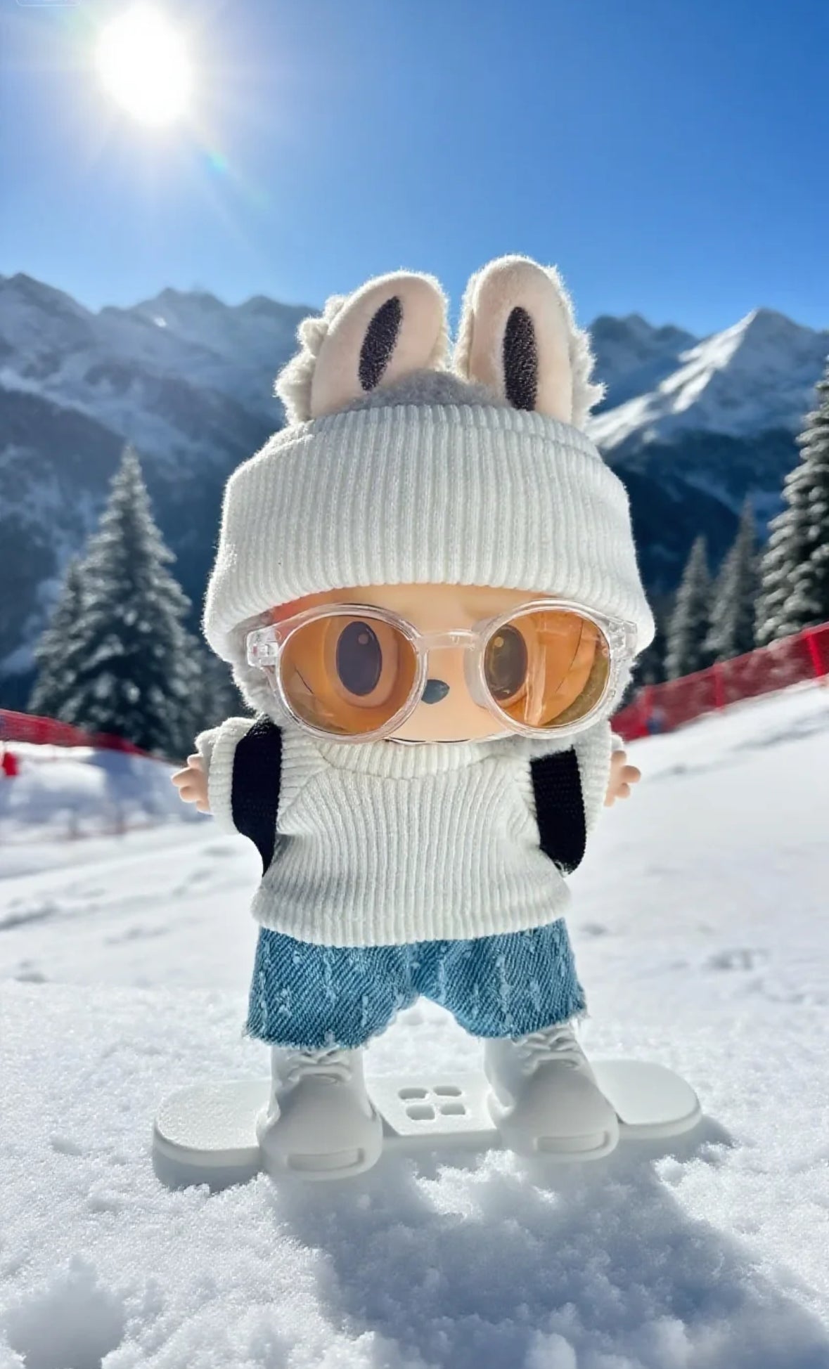 Winter Ski Outfit for Labubu – White Knit Sweater & Hat Set, Denim Pants, Brown Backpack, Sunglasses & Snowboard